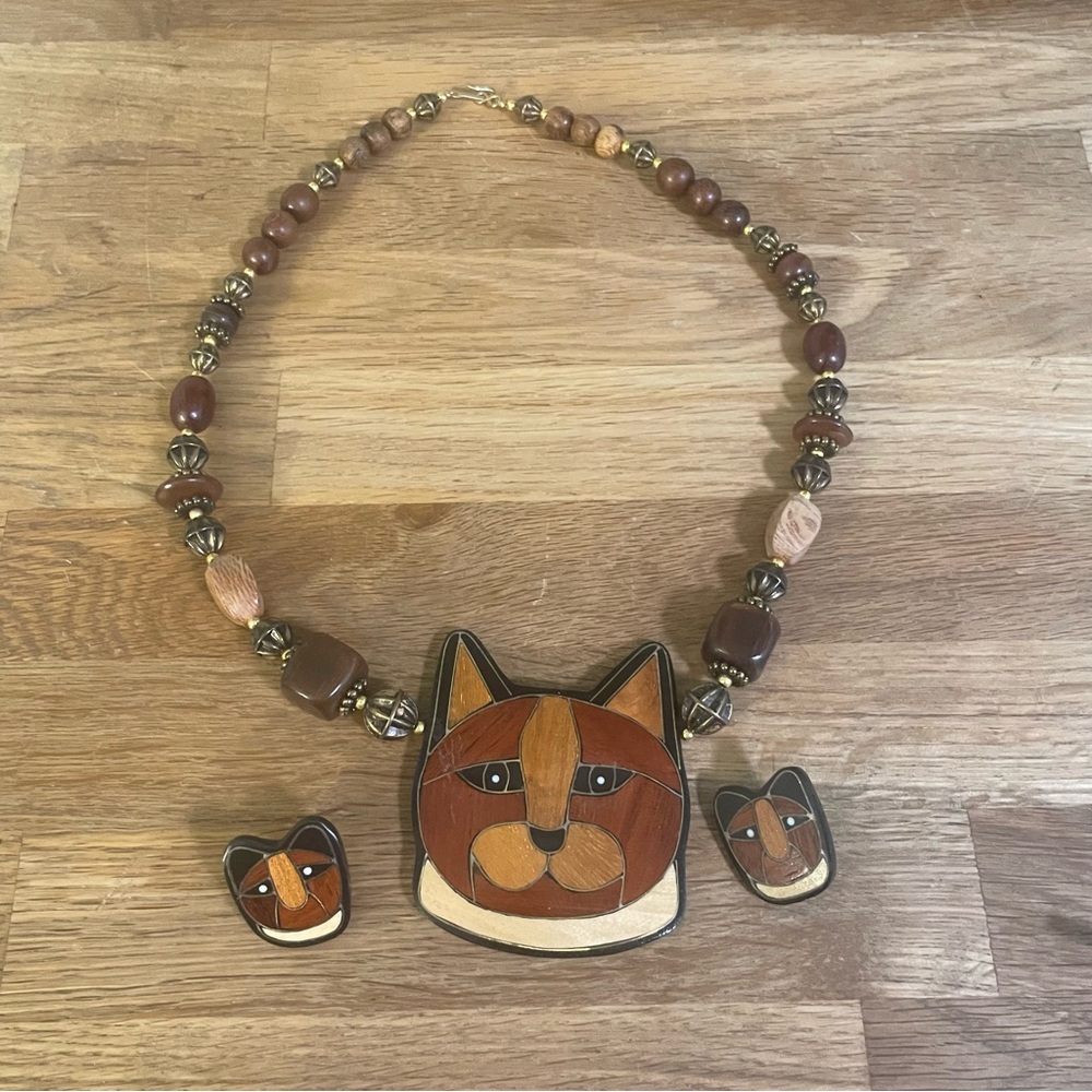 Vintage Lee Sands Inlaid Wood Mosaic Cat Necklace and Earring Set